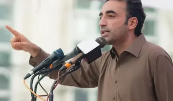 PPP Chairman Bilawal Bhutto Zardari speaking passionately at a political rally mic in Muzaffarabad